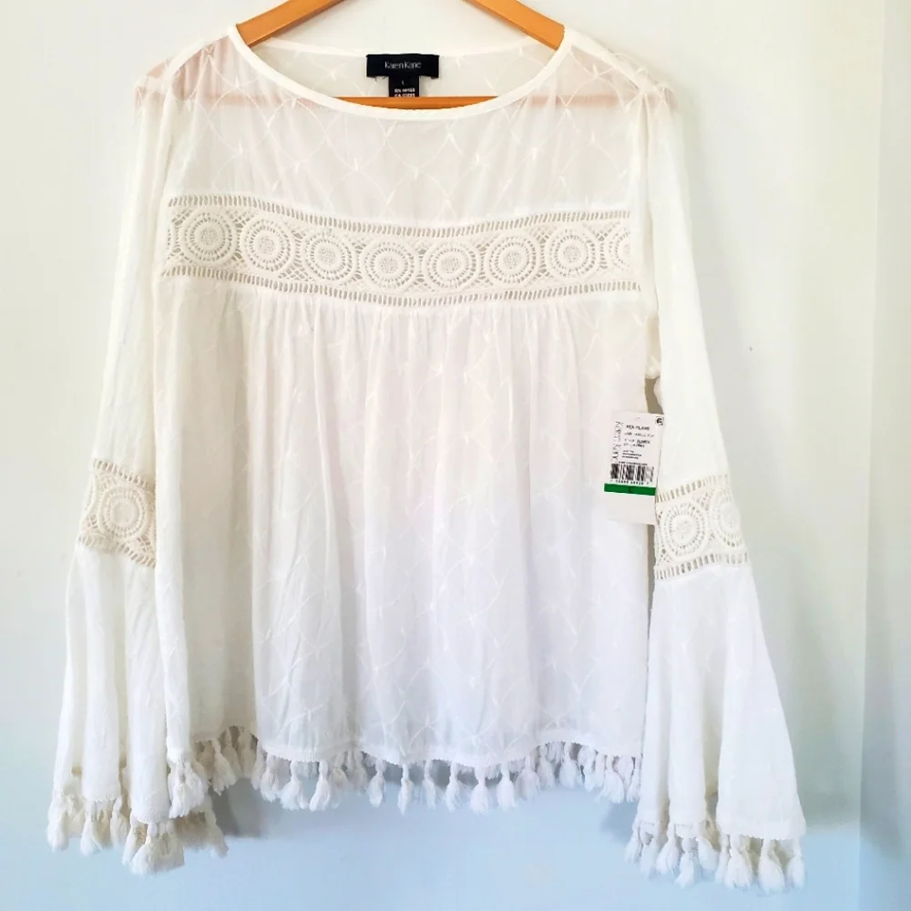 NWT KAREN KANE L White Embroidered Tassel Top Cotton Bell Sleeve Boho Coastal - Picture 9 of 14